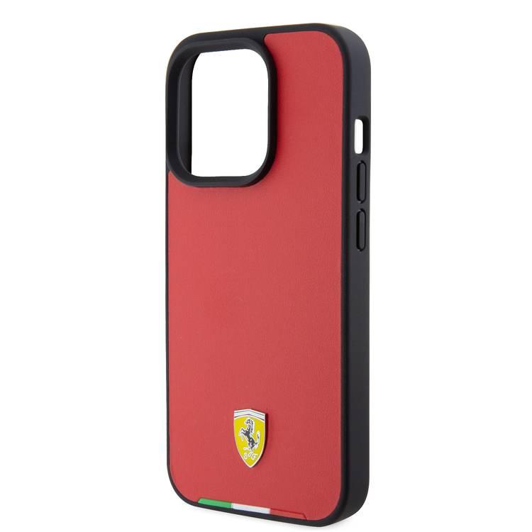 Ferrari iPhone 15 Pro Max For PU Leather Case with Italy Flag Line - Red