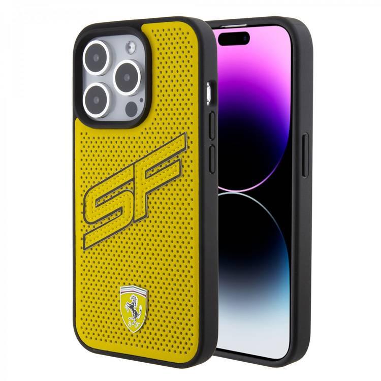 Ferrari iPhone 15 Pro For PU Leather Case with Big SF Perforated Design - Yellow