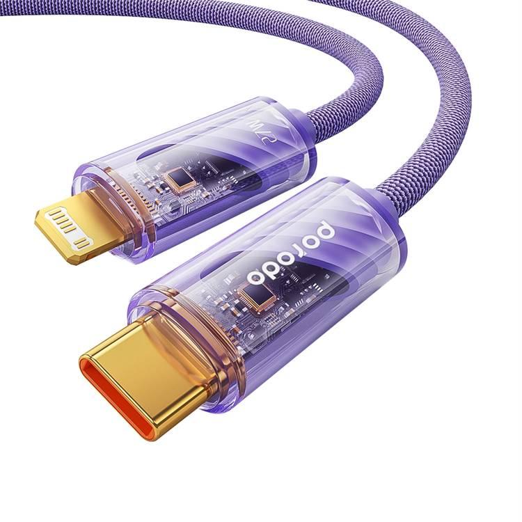 Porodo Braided 1M PD27W USB-C to Lightning Cable With Transparent Head  - Purple