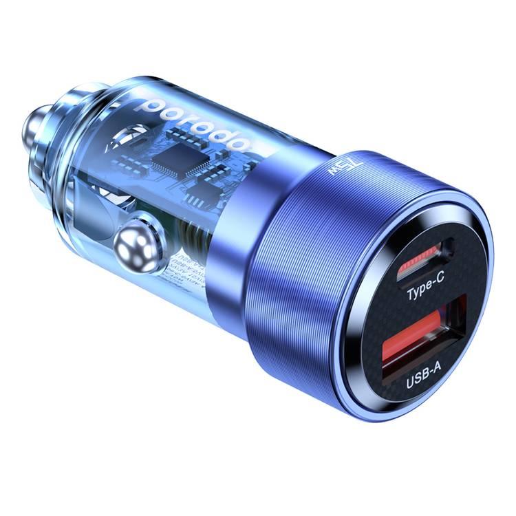 Porodo 75W Transparent Dual Port Car Charger PD 45W QC 30W - Blue