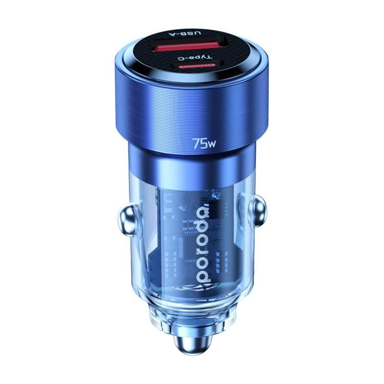 Porodo 75W Transparent Dual Port Car Charger PD 45W QC 30W - Blue