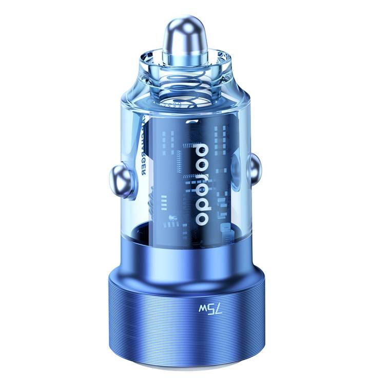 Porodo 75W Transparent Dual Port Car Charger PD 45W QC 30W - Blue