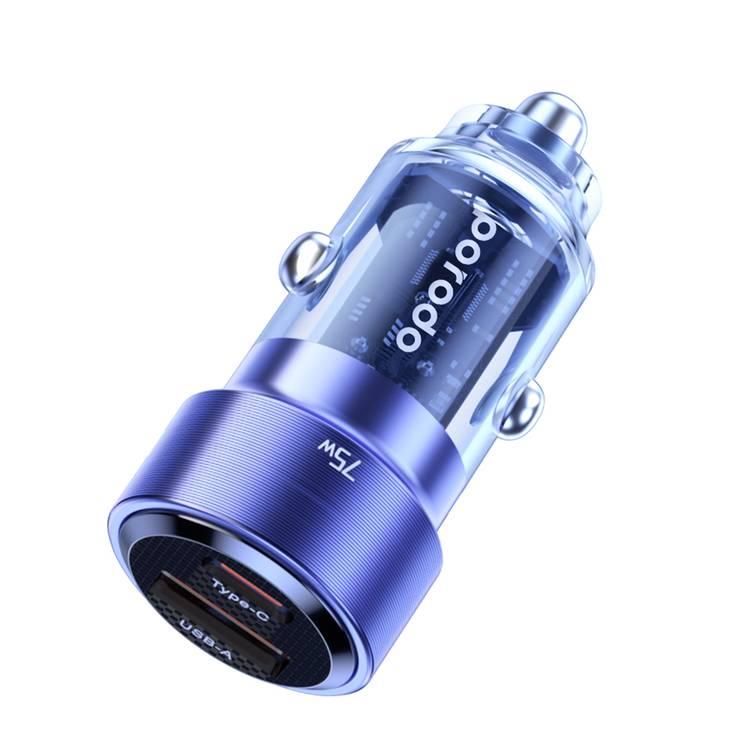 Porodo 75W Transparent Dual Port Car Charger PD 45W QC 30W - Blue