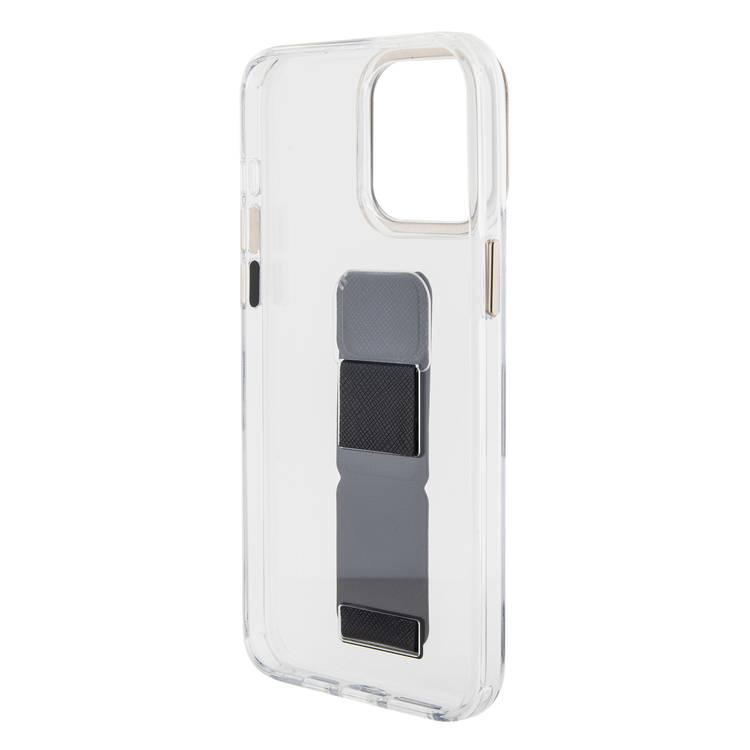 Guess Grip stand Clear Case with Saffiano Grip Leather and 4G Logo for iPhone 15 Series - Black - iPhone 15 Pro Max