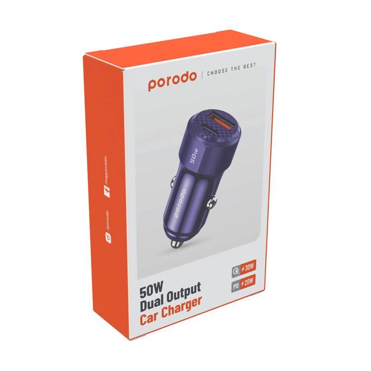 Porodo 50W Dual Port Car Charger, PD 20W, QC 30W, Simultaneous Fast Charging, ABS + PC Material, Multi Protection, Carbon Fiber Print - Purple