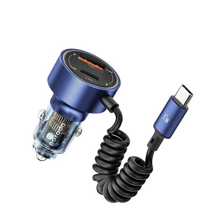 Porodo 60W Transparent Dual Port Car Charger PD 30W QC 18W with Type-C Coil Cable - Blue