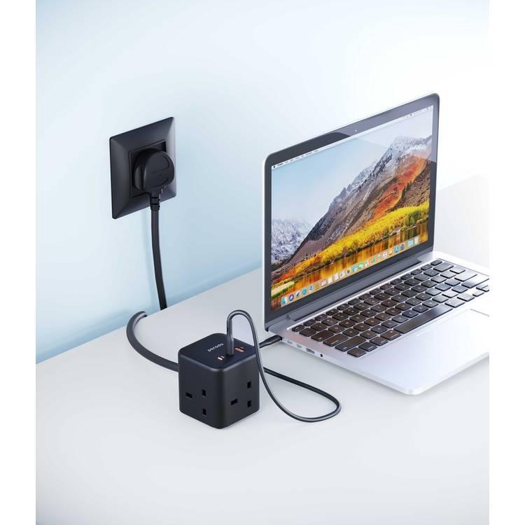 شاحن بورودو جان باور كيوب متعدد المنافذ (3 تيار متردد، 1 USB-A و2 USB-C PD 65 وات) 2M UK - أسود