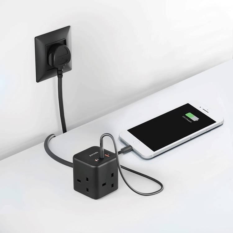 Porodo GaN Power Cube Multi-Port Charger(3 AC 1 USB-A & 2 USB-C PD 65W) 2M UK - Black