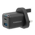 Powerology 35W PD QC 1xUSB-C 35W and 1xUSB-A 18W GaN Charger UK - Black - أسود