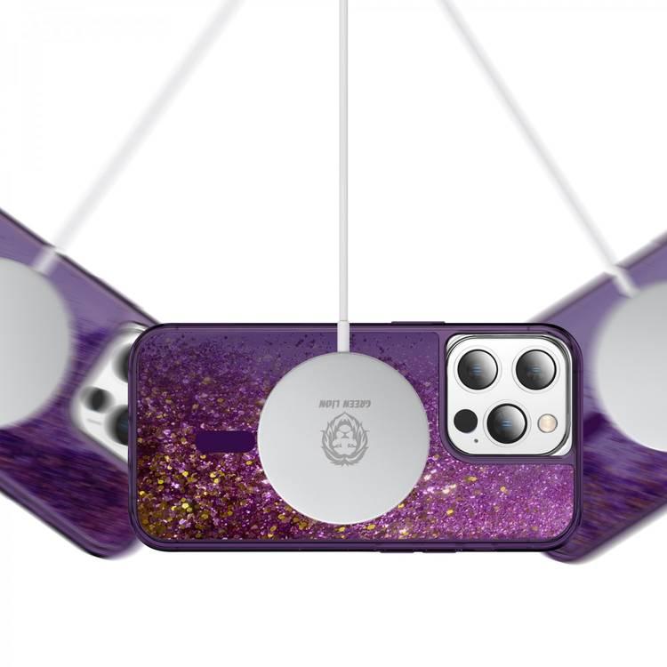 Green Lion iPhone 14 For Magnetic Happiness 3D Glitter Resin Case - Purple