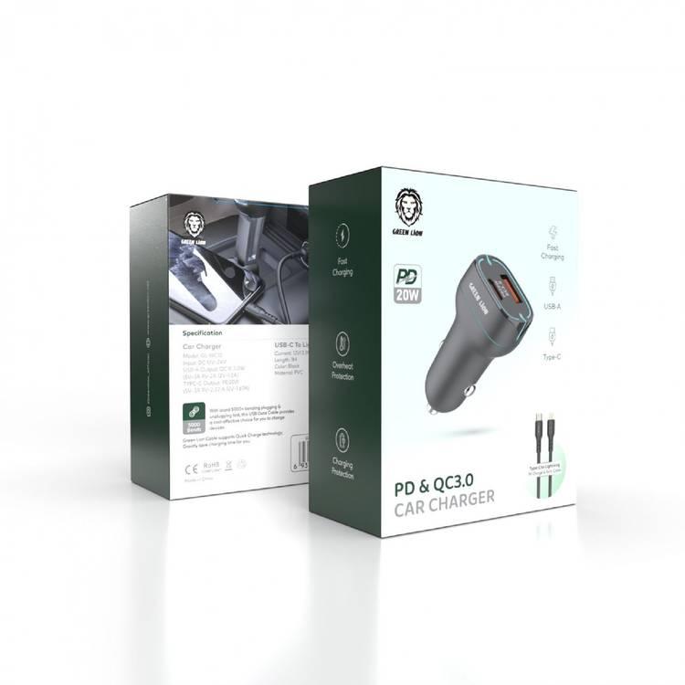 Green Lion Car Charger PD+QC 38W+TC-IPH Cable 1M  - Black