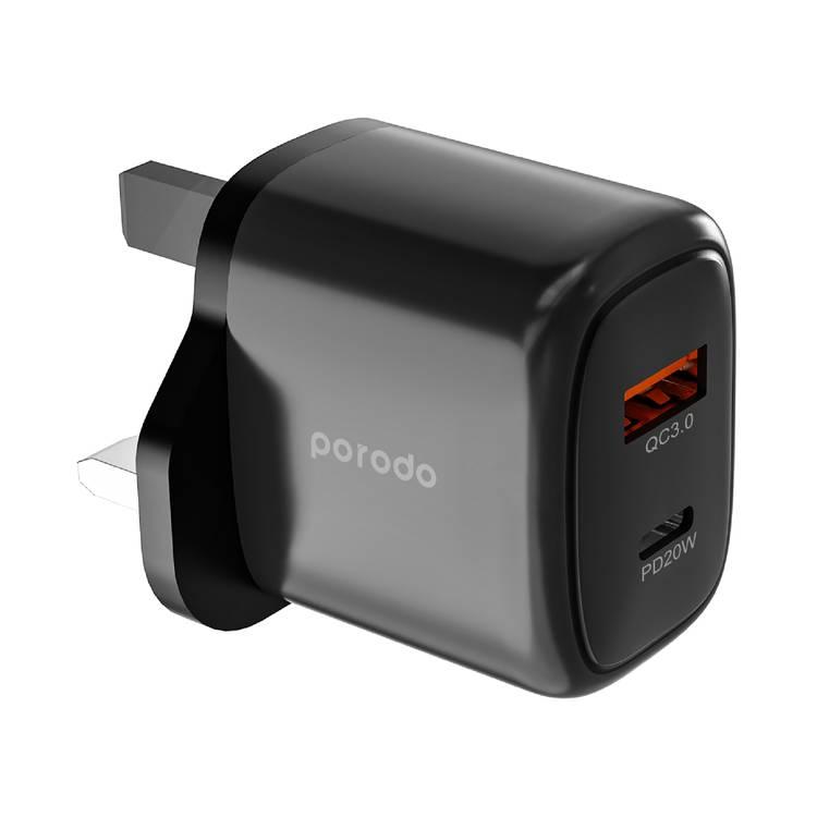 Porodo 20W+QC USB A+C Charger UK with C-Lightning 1.2M Cable  - Black