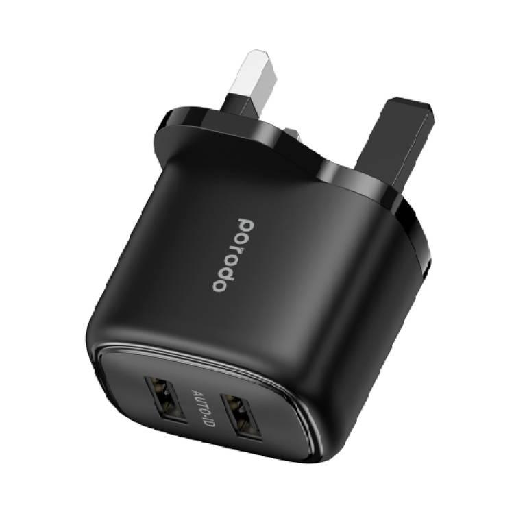 Porodo Dual USB Fast Charger with Auto ID Technology - Black