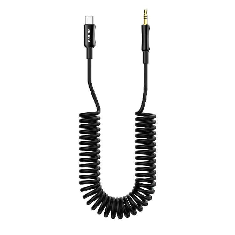 Porodo 3.5mm Type-C AUX Coiled Audio Cable Convenient Tangle-Free Design 1.2m/4ft, Type C to AUX, Universal Compatibility, Auto Retractable - Black