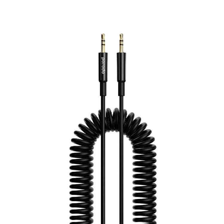 Porodo 3.5mm AUX Coiled Audio Cable Convenient Tangle-Free Design 1.2m/4ft, Universal Compatibility, Auto Retractable - Black 