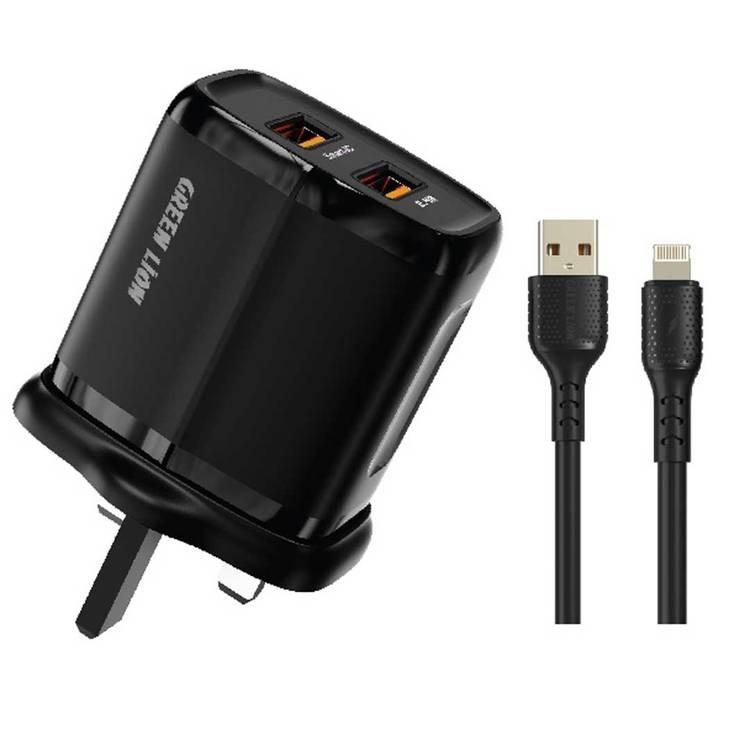 Green Lion 2 USB 2.4A Wall Charger USB-lPH Data Cable 1m  - Black