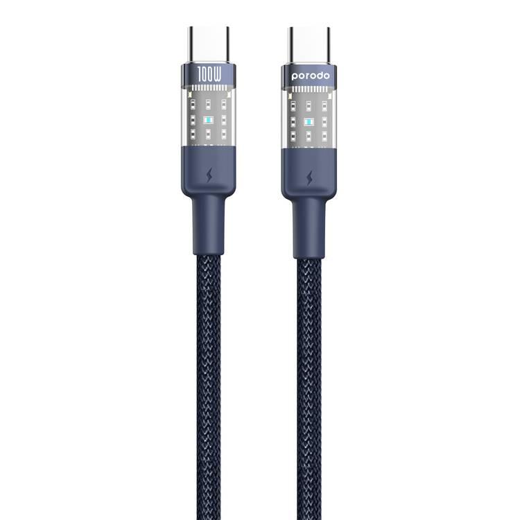 Porodo Fast Charging Cable with USB-C to USB-C Connector, PD100W, and Transparent Head  - Blue - 1.2M