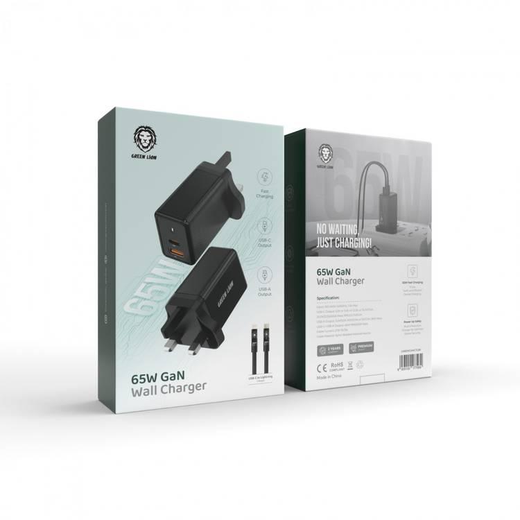 Green Lion 3-Pin 65W GaN Wall Charger - Black