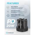 محطة طاقة Powerology 8in1 بسعة 10000 مللي أمبير في الساعة، PD20W، QC، شحن لاسلكي، كابلات مدمجة من النوع C وLightning - أسود