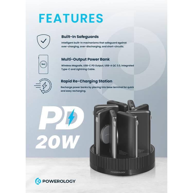 محطة طاقة Powerology 8in1 بسعة 10000 مللي أمبير في الساعة، PD20W، QC، شحن لاسلكي، كابلات مدمجة من النوع C وLightning - أسود