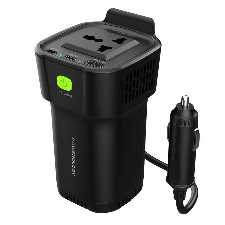 Powerology 150W Cup Holder Power Inverter Dual USB-C & USB-A QC3.0 - Black