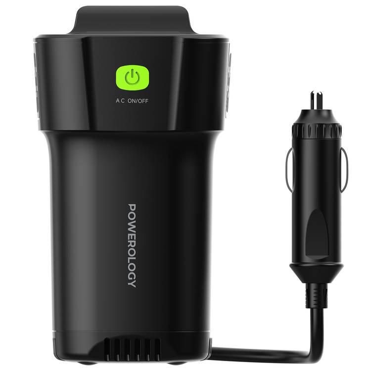 Powerology 150W Cup Holder Power Inverter Dual USB-C & USB-A QC3.0 - Black