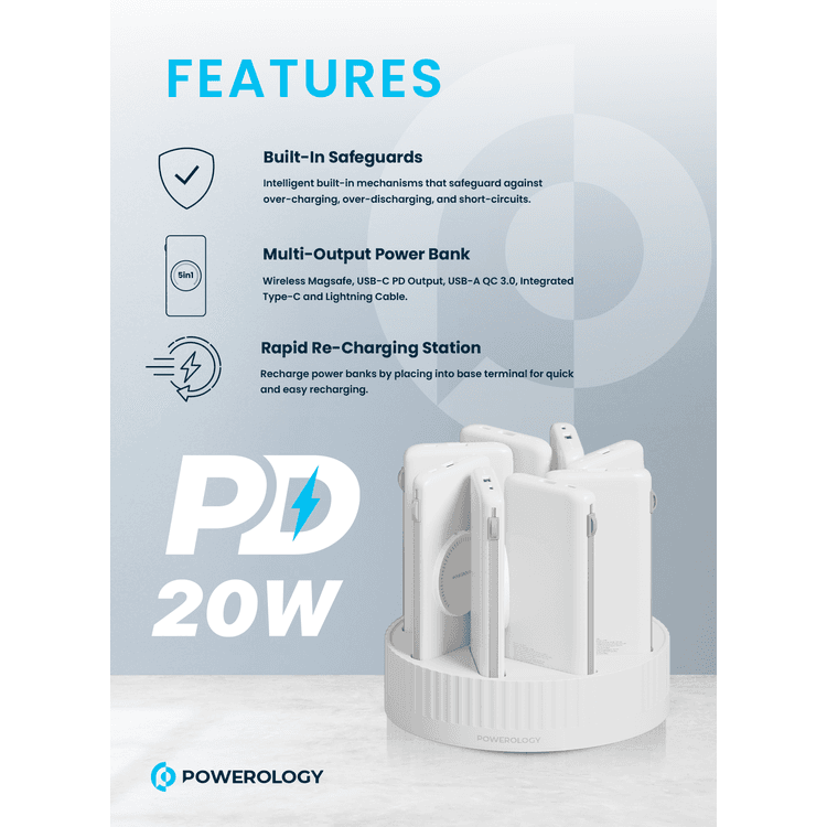 Powerology 8in1 Power Station with 10000mAh Capacity, PD 20W, QC, Wireless Charging, Type C & Lightning Built in Cables - White