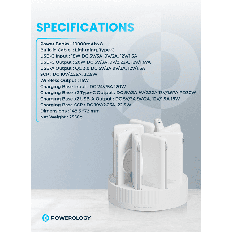 محطة طاقة Powerology 8in1 بسعة 10000 مللي أمبير في الساعة، PD 20W، QC، شحن لاسلكي، كابلات مدمجة من النوع C وLightning - أبيض