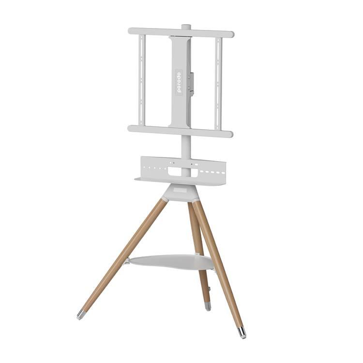 Porodo TV Stand Wooden Tripod, Compatible with 32" - 65" Screen, VESA Compatible, Media Device Storage, Angle Control, Durable Material, Compatible with Panasonic, Samsung, Sony, LG- White