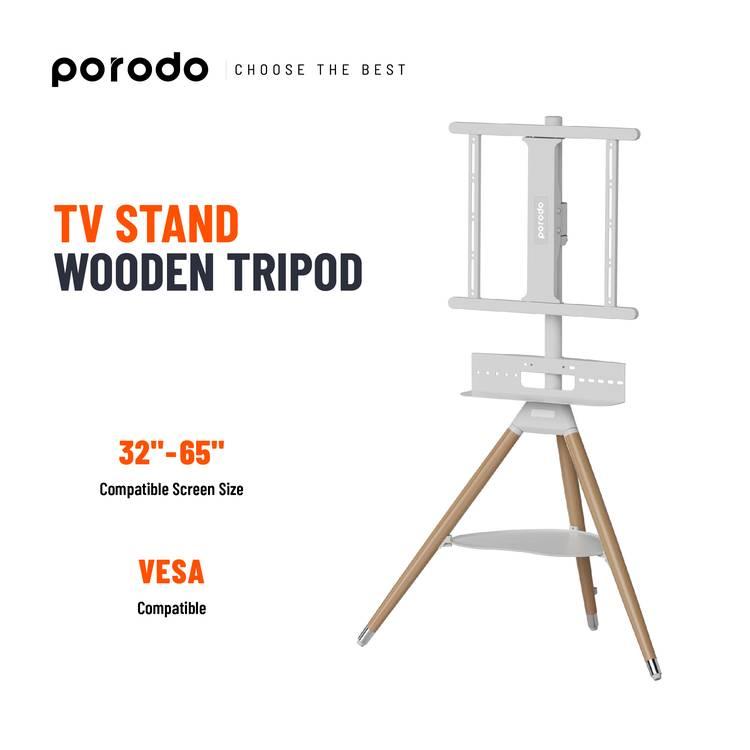 Porodo TV Stand Wooden Tripod, Compatible with 32" - 65" Screen, VESA Compatible, Media Device Storage, Angle Control, Durable Material, Compatible with Panasonic, Samsung, Sony, LG- White