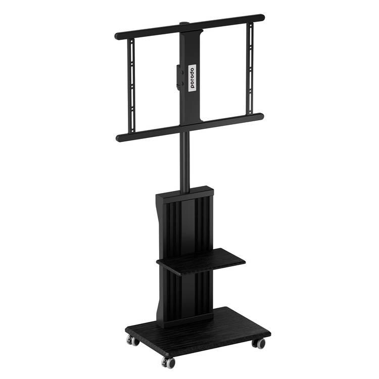 Porodo Mobile TV Stand with Wheels, Dynamic Swivel & Tilt, Durable Material, Tray Storage, VESA Compatible, Adjustable Height, Compatible with 32" - 75" Screen, Compatible with Panasonic, Samsung, Sony, LG - Black