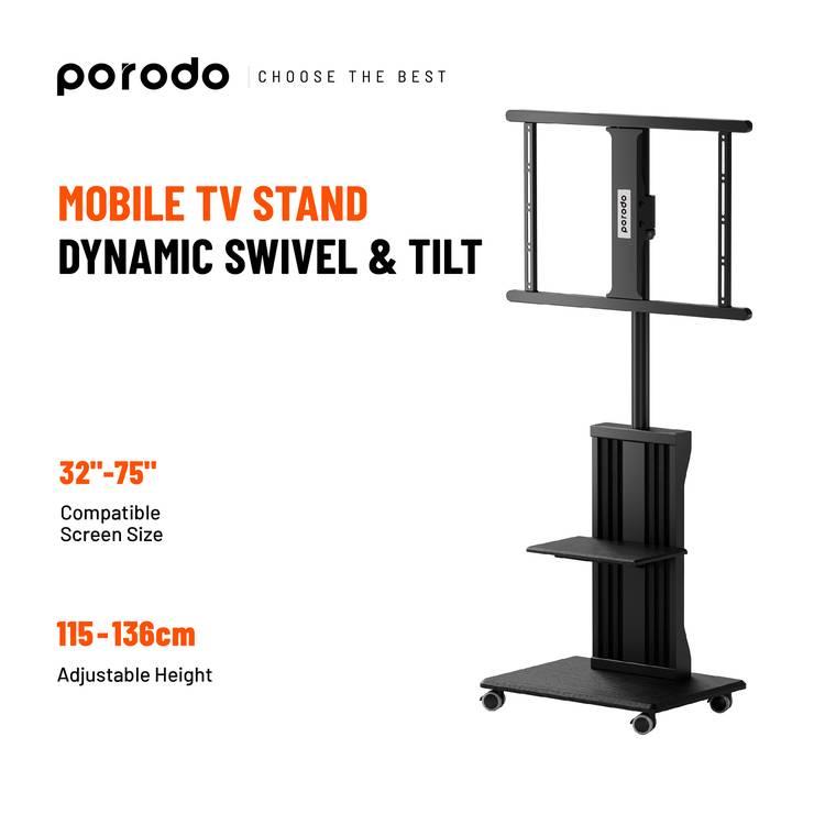 Porodo Mobile TV Stand with Wheels, Dynamic Swivel & Tilt, Durable Material, Tray Storage, VESA Compatible, Adjustable Height, Compatible with 32" - 75" Screen, Compatible with Panasonic, Samsung, Sony, LG - Black