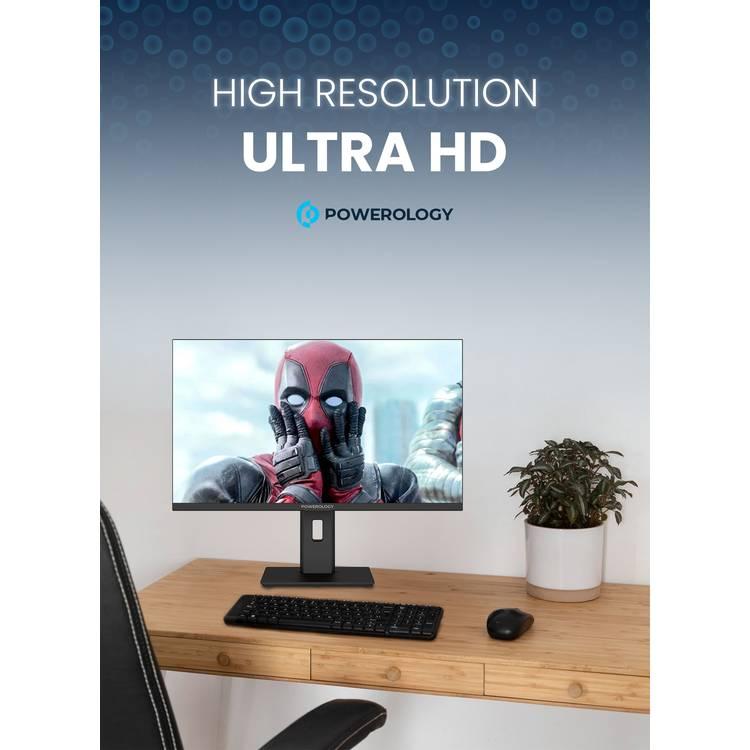 شاشة مكتب Powerology مقاس 27 بوصة بدقة 4K UHD مع حامل دوار قابل للتعديل مع إضاءة RGB وتباين بصري محسن بتقنية HDR وتقنية AMD Free Sync - أسود