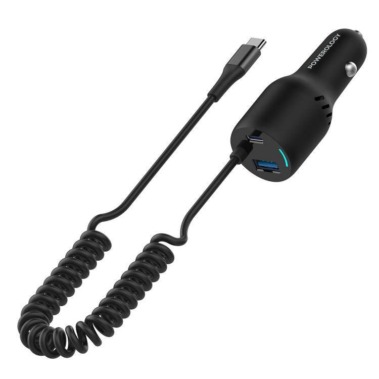 Powerology Triple Ports Car Charger 45W PD with Type-C Cable, QC18W, Cooling Air Vent - Black