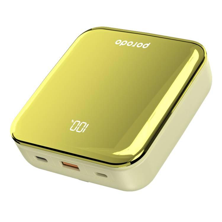 Porodo Compact Power Bank 20000mAh with Out Cable USB-A, Type-C and Lightning, 20W Power Delivery, Simultaneous Charging - Gold 