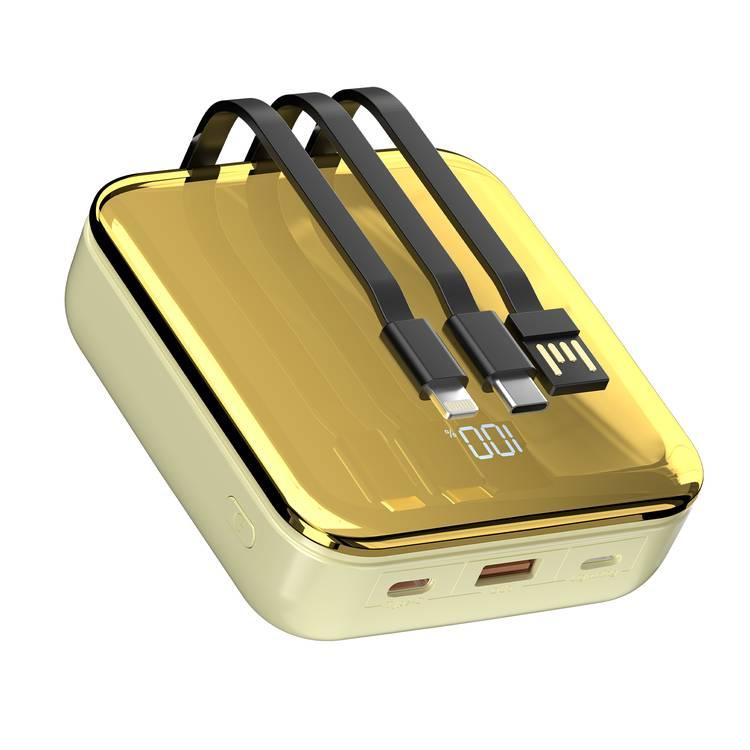 Porodo Compact Power Bank 20000mAh with Out Cable USB-A, Type-C and Lightning, 20W Power Delivery, Simultaneous Charging - Gold 