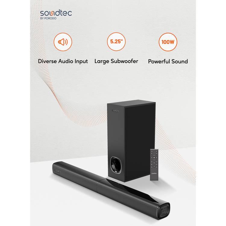 Porodo Soundtec 2.1CH Bluetooth Soundbar Max System with Remote Control, Crisp Audio, 100W Powerful Sound, Slim & Elegant Design,  Connectivity via AUX, USB, Optical, HDMI for TV - Black