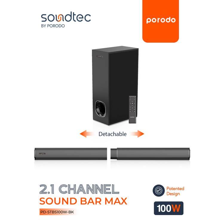 Porodo Soundtec 2.1CH Bluetooth Soundbar Max System with Remote Control, Crisp Audio, 100W Powerful Sound, Slim & Elegant Design,  Connectivity via AUX, USB, Optical, HDMI for TV - Black