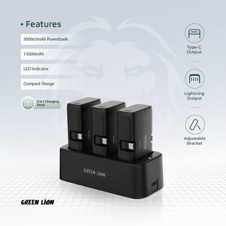 Green Lion 3 in 1 Power Bank Station, 5000mAh, LED Indicator, ABS Fireproof Material, Type-C & Lightning Integrated Cables - Black