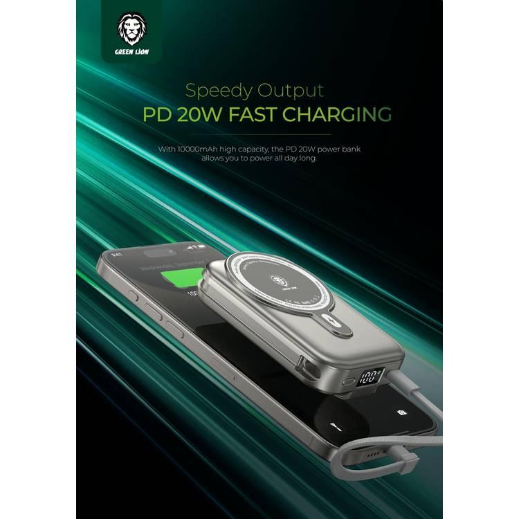 Green Lion Monaco Grip 10000mAh Power Bank with Integrated Type-C Cable, 20W Power Delivery, LCD Power Indicator - Titanium