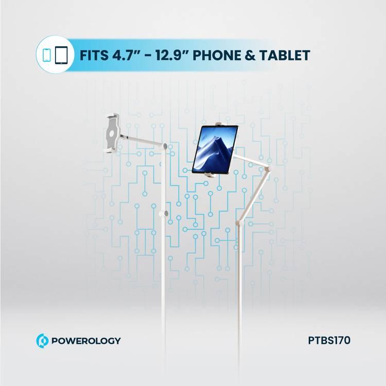 Powerology Multi Joint Floor Stand, Compatible with 4.7" to 12.9" Phones & Tablets, 360° Rotating Head, Telescopic & Flexible Arm Design, 170cm Height, Heavy Base - White