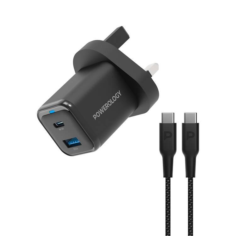 شاحن Powerology مزدوج المنفذ فائق الحجم وسريع مع كابل USB-C إلى USB-C - أسود