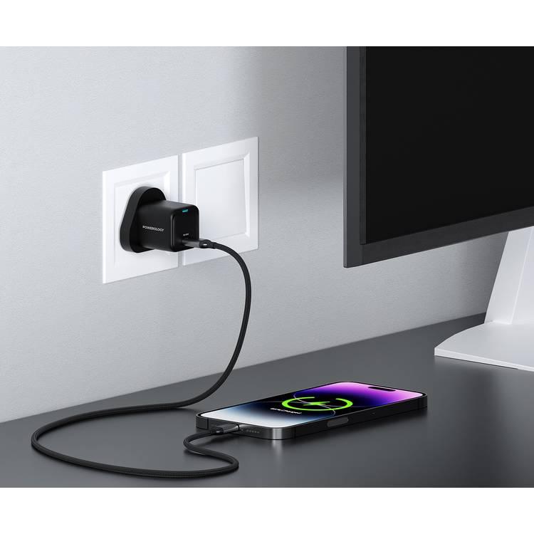 شاحن GaN فائق الصغر من Powerology مع كابل مضفر من USB-C إلى Lightning، وتوصيل طاقة بقوة 20 وات، وتصميم خفيف الوزن وصغير الحجم - أسود