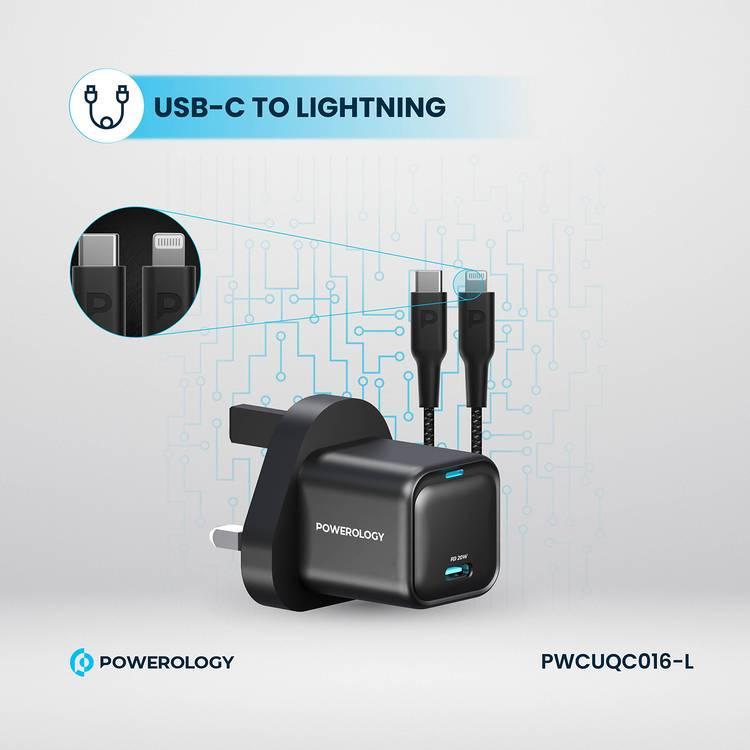 شاحن GaN فائق الصغر من Powerology مع كابل مضفر من USB-C إلى Lightning، وتوصيل طاقة بقوة 20 وات، وتصميم خفيف الوزن وصغير الحجم - أسود