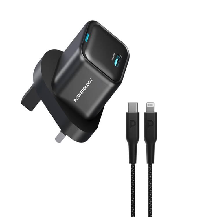 شاحن GaN فائق الصغر من Powerology مع كابل مضفر من USB-C إلى Lightning، وتوصيل طاقة بقوة 20 وات، وتصميم خفيف الوزن وصغير الحجم - أسود