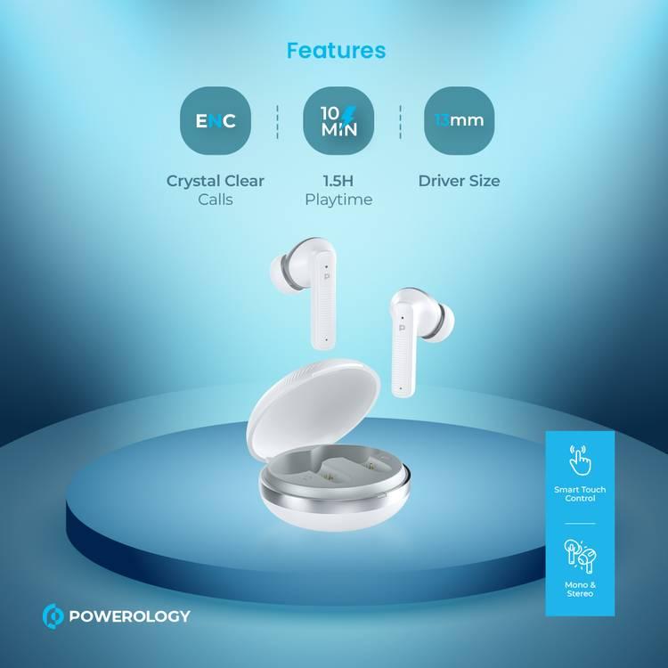 Powerology TWS Earbuds with Quad Mic ENC - White