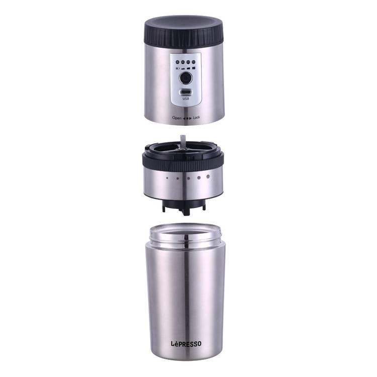 LePresso Portable Mug Burr Grinder Coffee Maker - Silver