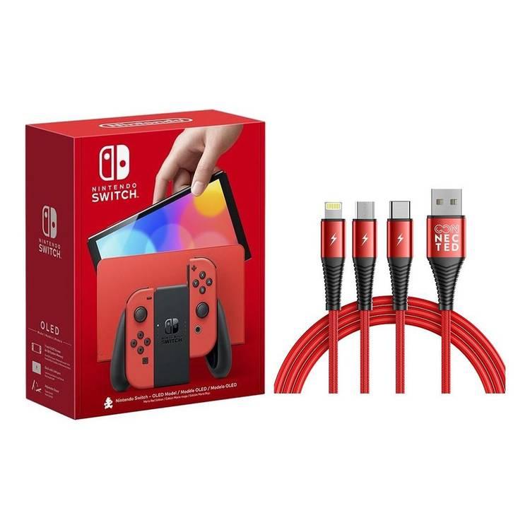 Nintendo Switch OLED - Mario RED Edition Console + Connected Thicky 3-in-1 USB - Red