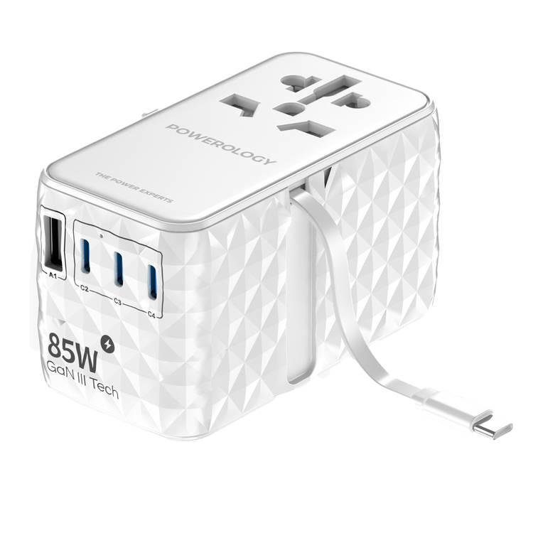 Powerology Universal Adapter 85W Super Charger with Type-C Cable - White