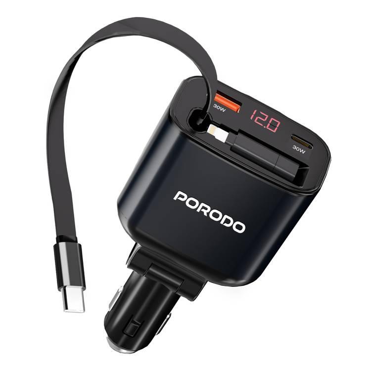 Porodo 105W Car Charger with Retractable Cable, Simultaneous Charging, Voltage Digital Display, 27W Lightning Adapter, USB-A & USB-C